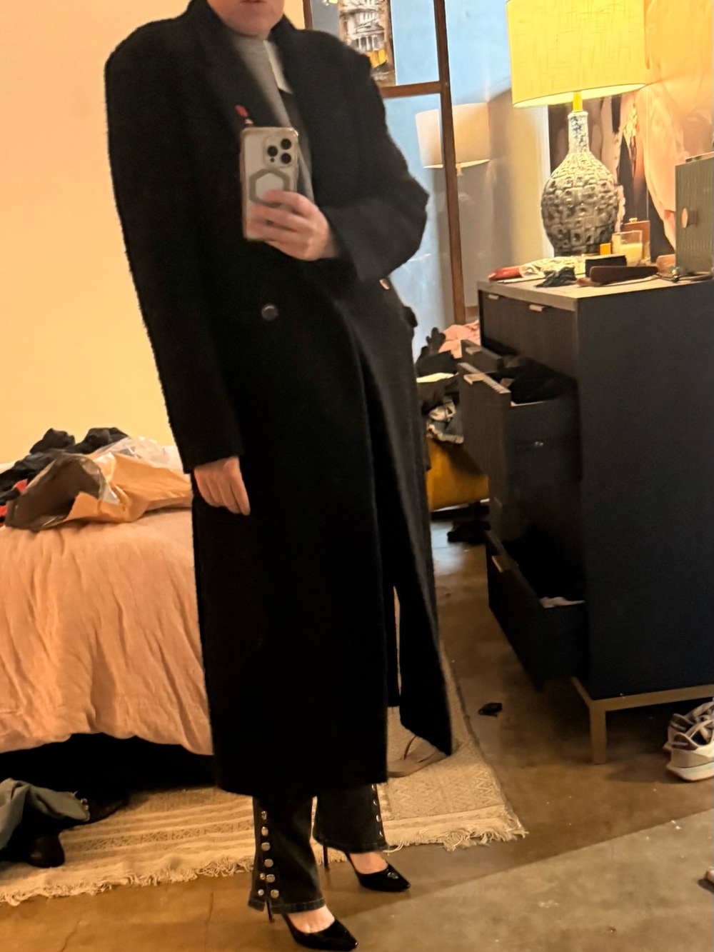 Sandro Navy Bouclé Double-Breasted Long Coat